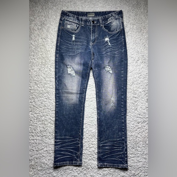 CJ Black Jeans Mens 30 Slim Straight Flex Denim Distressed Big Stitch Party Hole - Picture 1 of 5